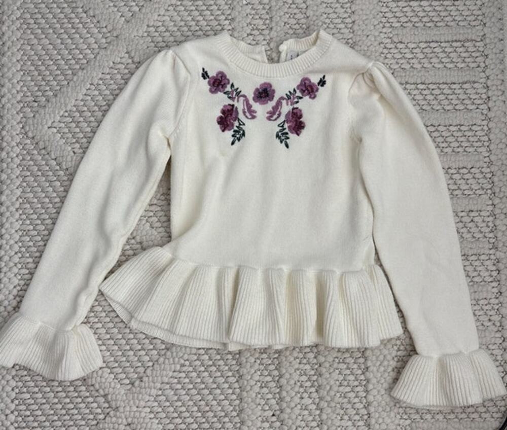 Janie & Jack Girls Embroidered Floral Cream Sweater Size 6